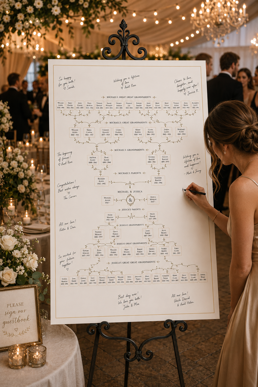 Beautiful wedding reception scene with guests, flowers, chandeliers