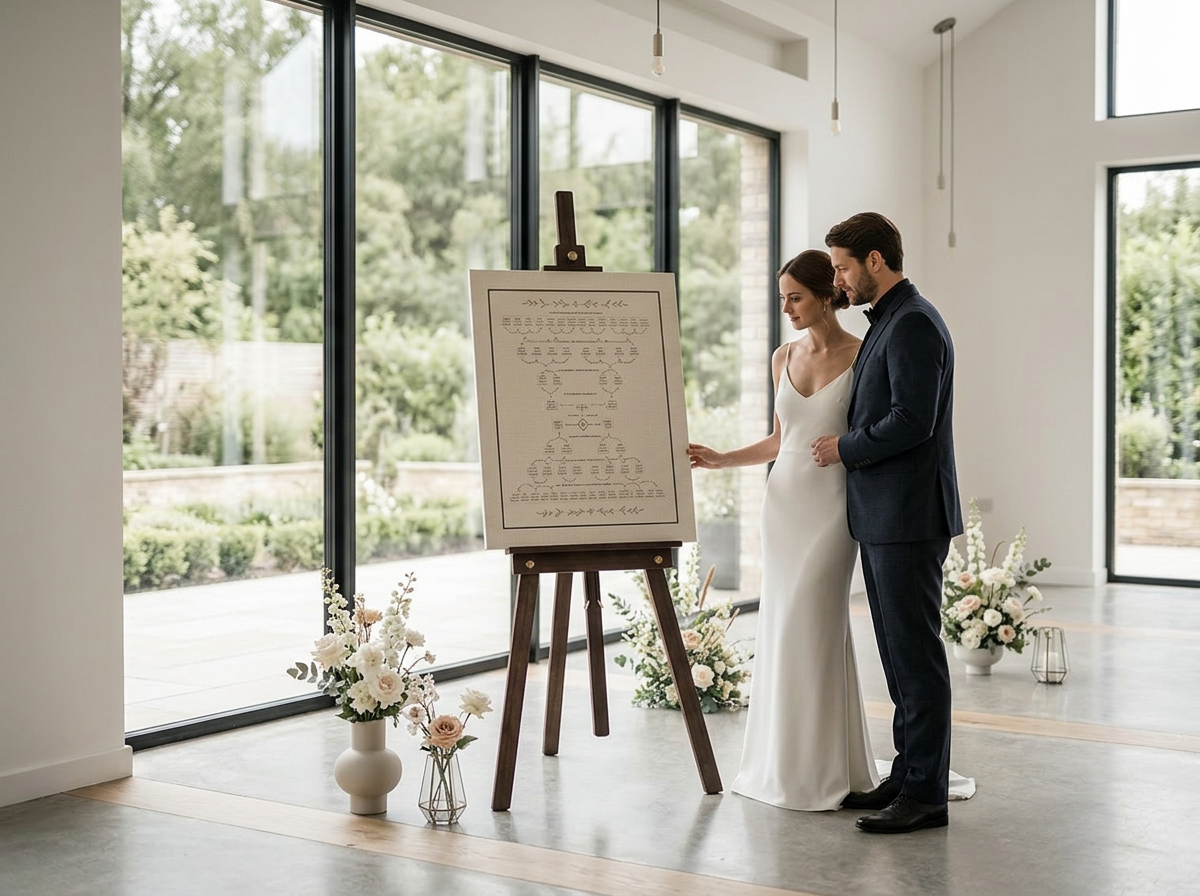 A bride and groom admiring their heirloom lineage artwork displayed on a walnut easel near the window of a stone chapel entry